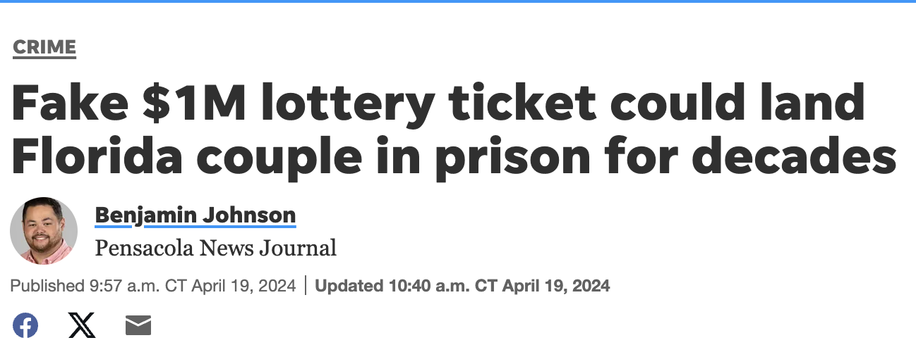 screenshot - Crime Fake $1M lottery ticket could land Florida couple in prison for decades Benjamin Johnson Pensacola News Journal Published a.m. Ct | Updated a.m. Ct X
